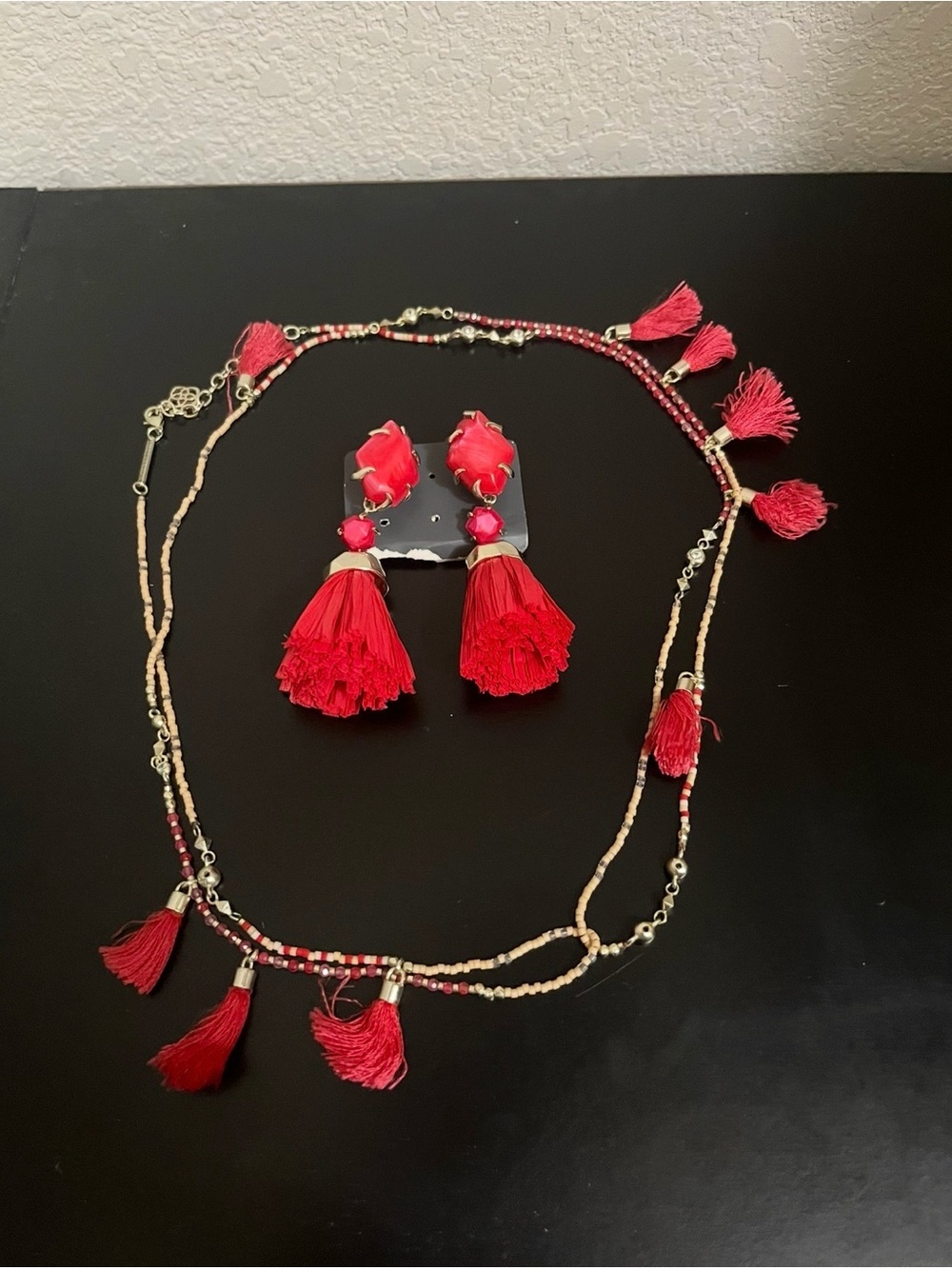 Kendra Scott Red Tassel Necklace with Matching Drop Earrings